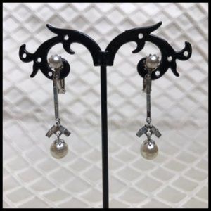 Vintage Delicate 1.5" Drop Crystal & Faux Pearl Clip Earrings